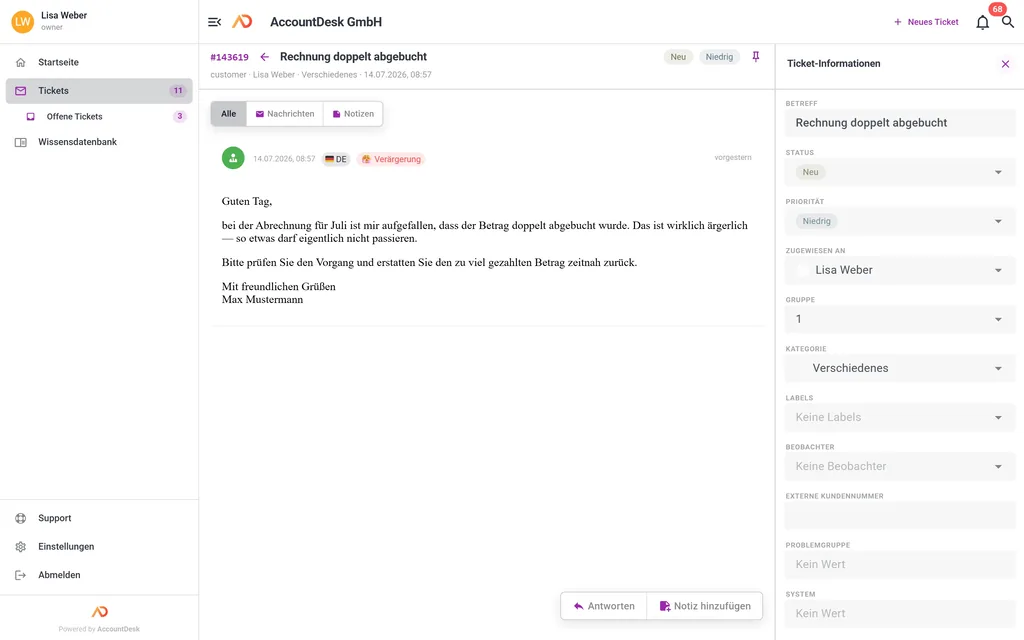 Ticket-Ansicht in AccountDesk mit KI-Analyse der Kundennachricht